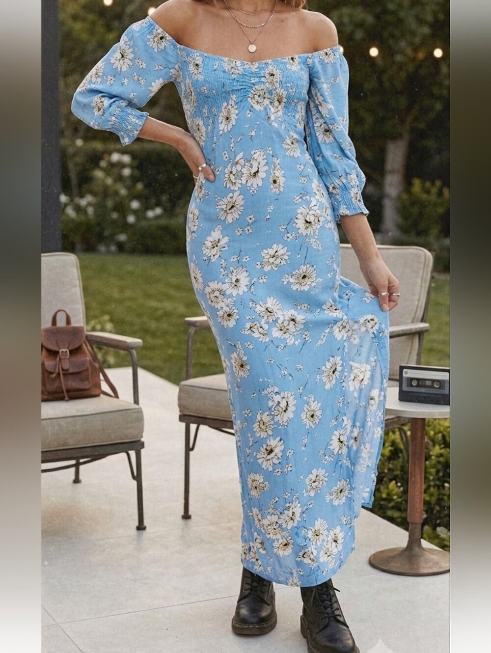 Rebellion Again Blue Floral Sunflower Maxi Dress with Puff Sleeves
